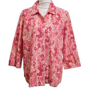 KORET Vibrant Ditzy Floral Pink Cream Women's Button Up Top Blouse Large